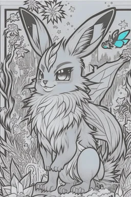 coloring book page of a magical eevee pokemon, monochrome, black and white, sharp, sketch drawing