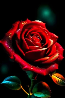 zbliżenia na zapierający dech w piersiach, wspaniały, świecący bioluminescencyjny kolorowy kwiat czerwonej róży w nocy, złota magia, wspaniała, skomplikowana, niezwykle szczegółowa, piękna