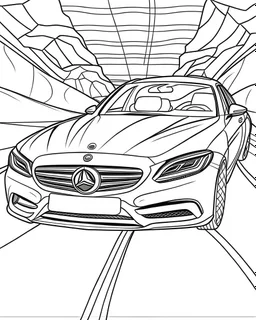 front Outline art, no shading, full Mercedes on the road, cartoon style, thick lines, low details, --ar 9:11