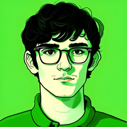 Illustration of a young man named Jack with with black hair and glasses, green background