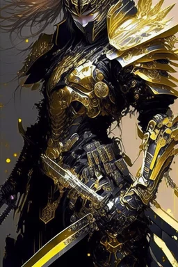 a person with a sword in their hand, very beautiful cyberpunk samurai, shirow masamune, black and golden armor, anime fantasy artwork, bio - mechanical ninja samurai, cyberpunk samurai, masamune, intricate assasin mecha armor, demon samurai warrior, light gold armor, ghostblade, lacquered armor, black and gold armor, demon samurai