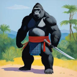 [art by David Hockney] a gorilla female with dreadlocks, clad in intricate samurai armor, stood poised on high guard, her keen eyes scanning the horizon for any sign of danger. In her powerful grip, she wielded a gleaming katana, its blade reflecting the light with a deadly glint.