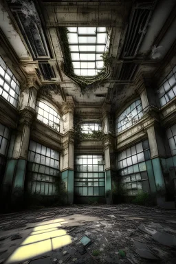 lost place, office block, photo realistic, indoor, wide angle, rich in details