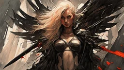 biomechanical women, beautiful, cyberpunk, dusty blonde, short square, large biomechanical black wings, sword, cybernetic, dynamic pose, rain, wind, ashes, flashes of fiery threads, sketch art, fine lines, grunge, sensual, darkness, dark colors, by Raymond Swanland & Alyssa Monks & Anna Razumovskaya