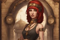 a skinny Cleopatra, with a bob red hairstyle, standing in a steampunk setting.