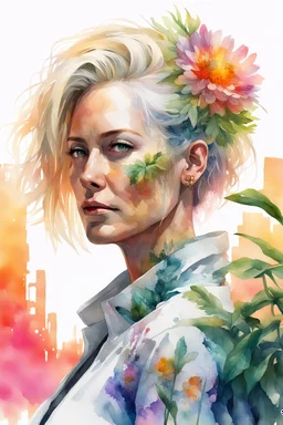 white background, cyberpunk, watercolor, Woman 48 years old, blonde, portrait painting, acrylic, summer sunset, plant hair, flower clothes, double exposure, fine rendering, high detail, high resolution, 8K