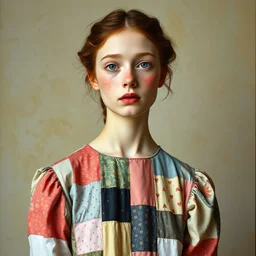 Pastel Patchwork dress, beautiful lily cole with rosy cheeks and freckles, by egon Schiele