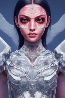 Battle angel, futuristic fantasy assassin character, portrait from waist up, intricate eyeliner, vibrant eyeshadow, clear completion, soft lighting, 4k resolution, intricate details, insanely detailed, white tank top, vibrant Japanese style tattoo sleeve, colorful cityscape background, masterpiece, expert, cinematic smooth, retroanime style, realistic details