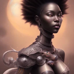 sango fantasy, fantasy magic, intricate, sharp focus, illustration, highly detailed, digital painting, concept art, matte, masterpiece head sexy view black African beauty black afro hair space lady silver carp skin African space night