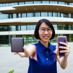 A short haired, bespectacled Asian female software engineer taking a selfie in front of Building 92 at Microsoft in Redmond, Washington