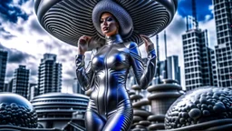 woman in a silver catsuit with circuitry, standing in a futuristic alien city holding a parasol shaped like a mushroom with tentacles