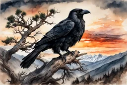 museum quality ink wash and watercolor painting of an aged, wandering Raven perched in the branches of an ancient, gnarled and twisted, Bristlecone Pine, on a remote plateau in the Rocky Mountains at sunset, in the style of Karl Bodmer, and Winslow Homer, rendered as an aquatint, with a fine art aesthetic, highly detailed , 8k UHD cinegraphic realism, dramatic natural lighting