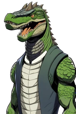 Anime man side character with dark , hybrid with dinosaur,small muscles, aged 30, wearing a dinosaur superhero suit but the head is human