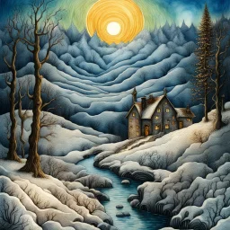 surreal winter landscape,optical illusion, zentangle Modifiers: highly detailed fantasy beautiful award winning fantastic view dramatic pen and ink Tim Burton dreamy Surrealism watercolor and ink wet on wet water colours golden our