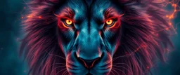 close up portrait of a plasma vampire flickers like hypnotic fire in geometric shapes like a dna swirl of time and a fearsome fluffy lion horse in the style of Titian and Giger