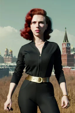 retro portrait image from 1960, Moscow background, wind, long red hair, fighting stance, sweet young Scarlett Johansson, classic black tight lycra suit, weapon, gold bracelet and belt, high heel boots, soft color, highly detailed, unreal engine 5, ray tracing, RTX, lumen lighting, ultra detail, volumetric lighting, 3d, finely drawn, high definition, high resolution.