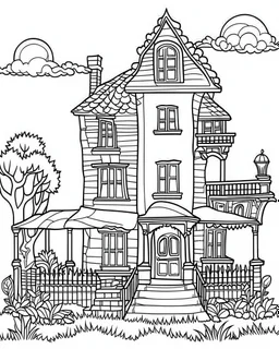 outline art for halloween coloring pages for kids with haunted house , white background, Sketch style, full body, only use outline, clean line art, white background, no shadows and clear and well outlined, coloring page for kids,