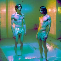 Justin long and his buf boyfriend are standing above thier pool showered spa heater while in tight loincloths and Nickolas is flexing there muscles while illuminated by the ambient teal glowing on the glowing marbled floor made of long flat marble slabs, the ground next to the clinical yard is in the style of primitive art. metalworking mastery, fawncore, the immaculately composed quality of this photo shows the artist was taken with provia, detailed wildlife, isaac grünewald, rustic simplicity