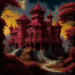 A dark reddish magenta Eastern palace with a fiery dragon painted by Frank Wilson