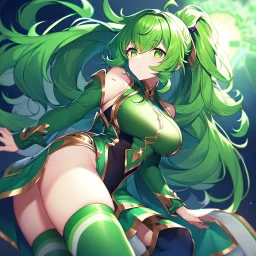 girl, masterpiece, best quality, volumetric lighting, detailed outfit, perfect eyes, green hair, green eyes, long hair, thigh highs, ponytail, messy hair,