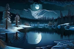 Night, Moon, distant mountains, pine trees, lagoon, lagoon reflections, winter, ice, snowy land