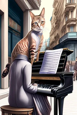 One single mature cat lady playing piano on the street, Vienna, friendly, model style, hyper realistic, extremely accurate, delicate, extremely detailed, Graphic novel style, wide-angle, open aperture, superfine pencil