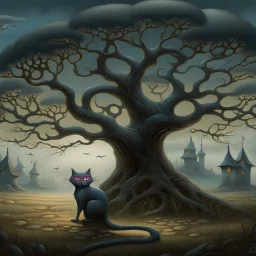 a painting of a cat sitting in front of a tree, a storybook illustration by Gediminas Pranckevicius, featured on deviantart, gothic art, ominous vibe, storybook illustration, dark and mysterious