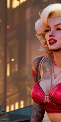 Marilyn Monroe, in full growth, smokes a cigarette, cyberpunk2077, photorealistic, 8k