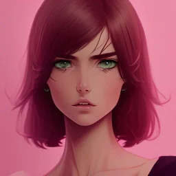 crystal clear blue eyes, and dark pink hair, dot eyebrows, woman, angry expression, pointy ears, long hair