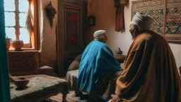 Two fifty-year-old people in traditional Moroccan clothing are discussing in the room of a Moroccan house, with only their backs visible