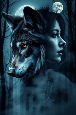 double exposure stunning woman-wolf hybrid portait, forest, moon, smoke, ultra-high detailed, deep dark colors, dark fantasy, intricate detail, cinematic, masterpiece, sharp focus, dark ethereal fantasy, hyperdetailed, atmospheric , dark surreal fantasy