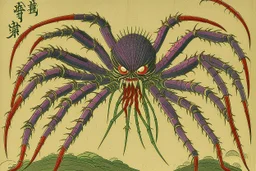 A purple undead elemental spider wraith designed in Javanese shadow puppets painted by Utagawa Hiroshige