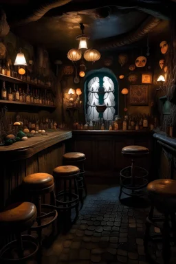 Un bar de ambiente oscuro, donde diminutas personas crean una atmósfera única. Las paredes, cubiertas de hongos y pátina, cuentan historias de antigüedad y misterio. Un rincón singular donde lo bizarro se encuentra con lo fascinante.