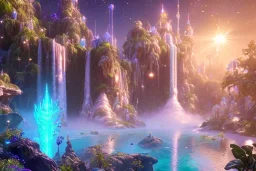  white and gold crystal cosmic ambiance，waterfall, full of details, smooth, bright sunshine，soft light atmosphere, light effect，vaporwave colorful, concept art, smooth, extremely sharp detail, finely tuned detail, ultra high definition, 8 k, unreal engine 5, ultra sharp focus