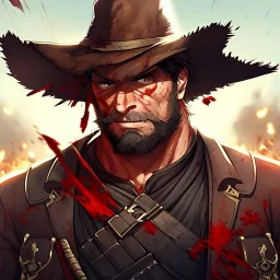 Portrait, bearded, Gunslinger, Cowboy, cowboy hat, serious face, Blood Splatter