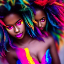 full body shot, masterpiece, best quality, family of three, dark skinned, sparkling eyes, fluorescent skin, colorful makeup, afro, highly detailed body, scifi, sun light, 4K, RAW, depth of field, high contrast, realistic details, 24mm