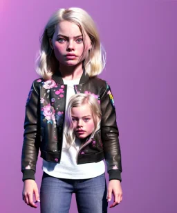 Margot Robbie toddler, full body, sneaker, leather jacket, floral shirt, soft skin, dramatic lighting, hyper realistic