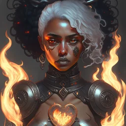 Ana de Armas, tom Bagshaw art style, high detail, high quality, ebony goddess, heater, iron coil heater, gears, steam, steal ribcage, steal breastplate, white hair, fire heart, heart on fire, metal made, 4k, high resolution. full detail. digital art, anime.