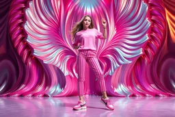 beautiful lady with todays modern clothing and sport shoes, in surreal stage made of 3d fractal random size recursive objects with helical strip colors in clothing similar to environment full body dancing to camera,animating background metallic random color and size recursive objects