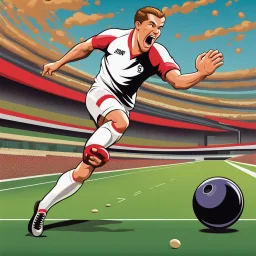 Futbolista pateando un balón al arco con muchísima fuerza arte cartoon