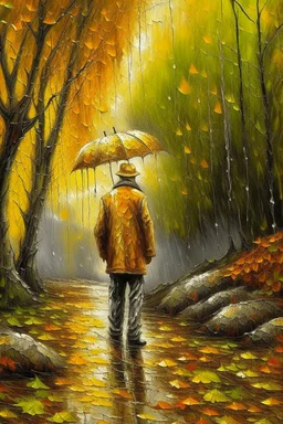 Rain falls and turns everything in front of him into gold Oil painting