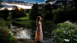country side small river nice rocks at floor wild flowers blosom pretty sky and cloudes a beautiful young girl standing gracefully in water