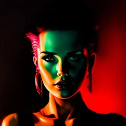 portrait oil on canvas, beautiful punk busty female Cyborg, looking to viewer, sad green eyes, post-apocalyptic in a cyberpunk city,minimal skintight suit, blade runner, comic book cover, mystical colors, neon, insanely detailed,realistic,intrincate detail, 16k resolution, masterpiece, Adam hughes