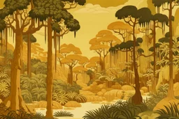 A yellowish orange colored rainforest with mangroves designed in African pottery painted by Katsushika Hokusai