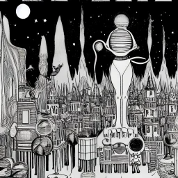 Village in the cosmos in Winsor McCay style and dr seuss style