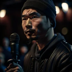 Christer Chao Solvang, norwegian chinese rapper, young dark and handsome, with thick hairy eyebrows, and tiny mic, directing a debate, photo-realistic, shot on Hasselblad h6d-400c, zeiss prime lens, bokeh like f/0.8, tilt-shift lens 8k, high detail, smooth render, down-light, unreal engine, downlight, prize winning