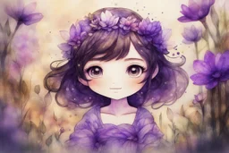 double exposure, merged layers, painted and burned burlap, cute chibi contented brunette anime purple flower princess in a flowergarden, melting watercolor and black ink outlines on wet paper, soft, shading strokes, in sunshine, ethereal, otherwordly, cinematic postprocessing, bokeh, dof