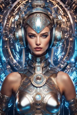 photography front view of super model Russian beautiful woman as dj player,headphones ,dressing mech in transformative style, his metallic skin gleaming with intricate textures and intricate details, captured in an ultra-realistic style that blurs the lines between reality and imagination,cosmic spaceship background