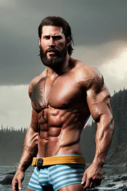 Ignore NSFW, teenager young rugged attractive slightly muscular fantastic handsome man, red briefs with yellow belt, hairy chest, (((visibly pisssing))) briefs, large erect visible boner peniss, photorealistic, artist Jay Anacleto, soft lighting, scruffy beard