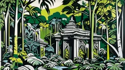 A dark green jungle with a ruined temple painted by Roy Lichtenstein